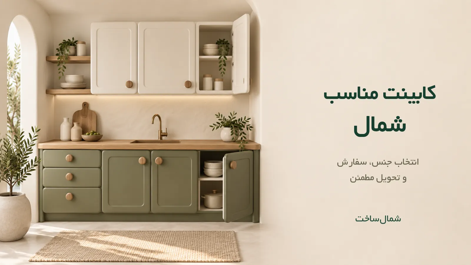 ماکت آشپزخانهٔ کرم و زیتونی با عنوان کابینت مناسب شمال