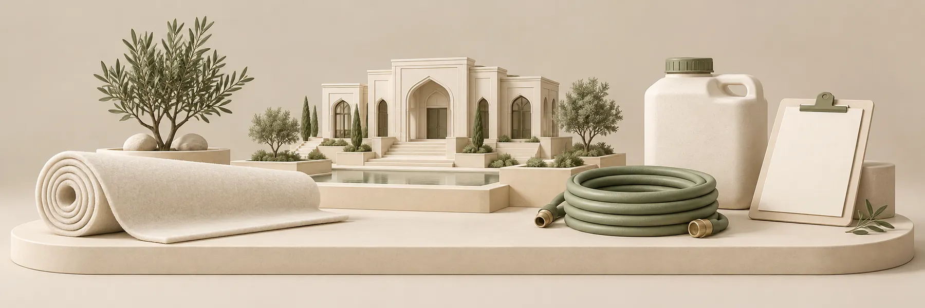 پوشش جاذب، شلنگ، ظرف آب و برگهٔ ثبت در چیدمان ماکتی کرم و زیتونی