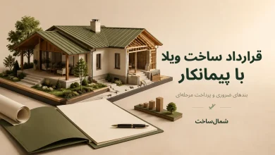 ماکت سهبعدی ویلای در حال ساخت کنار قرارداد، نقشه و مراحل پروژه
