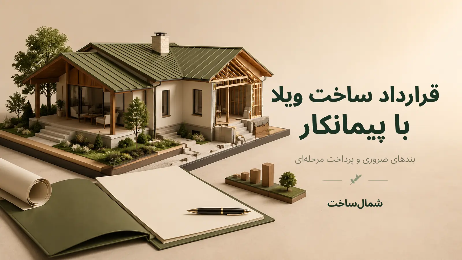 ماکت سهبعدی ویلای در حال ساخت کنار قرارداد، نقشه و مراحل پروژه