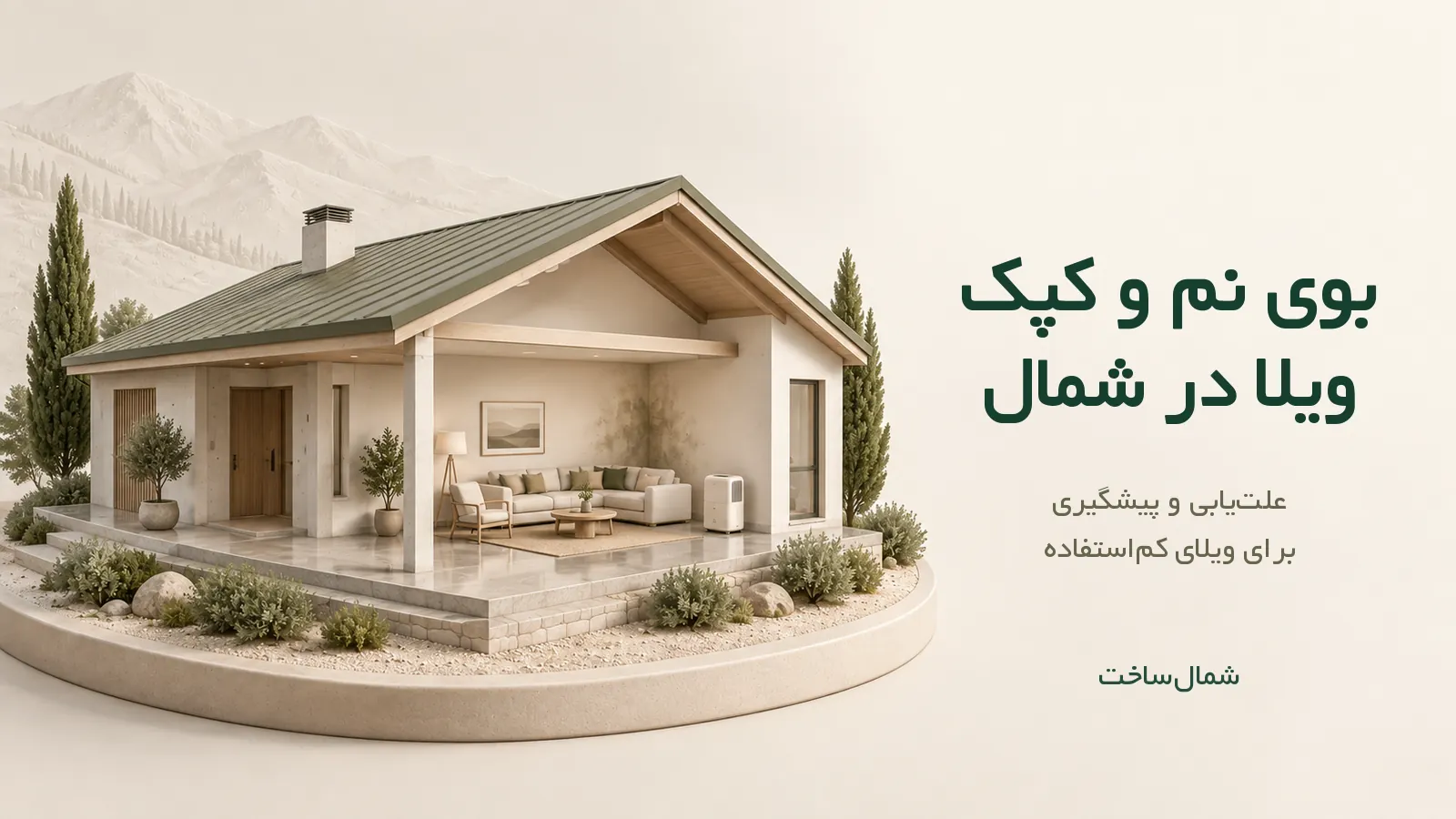 ماکت ویلای شمال با نمای باز از اتاق و لکهٔ نم، همراه عنوان بوی نم و کپک ویلا در شمال