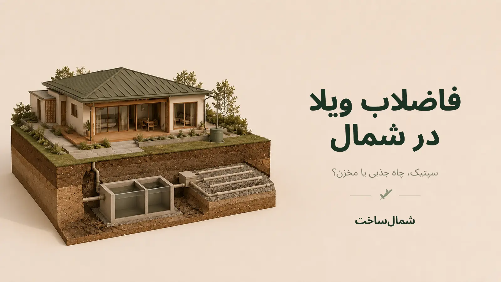 ماکت سه‌بعدی ویلا با سپتیک‌تانک و میدان جذب فاضلاب در شمال