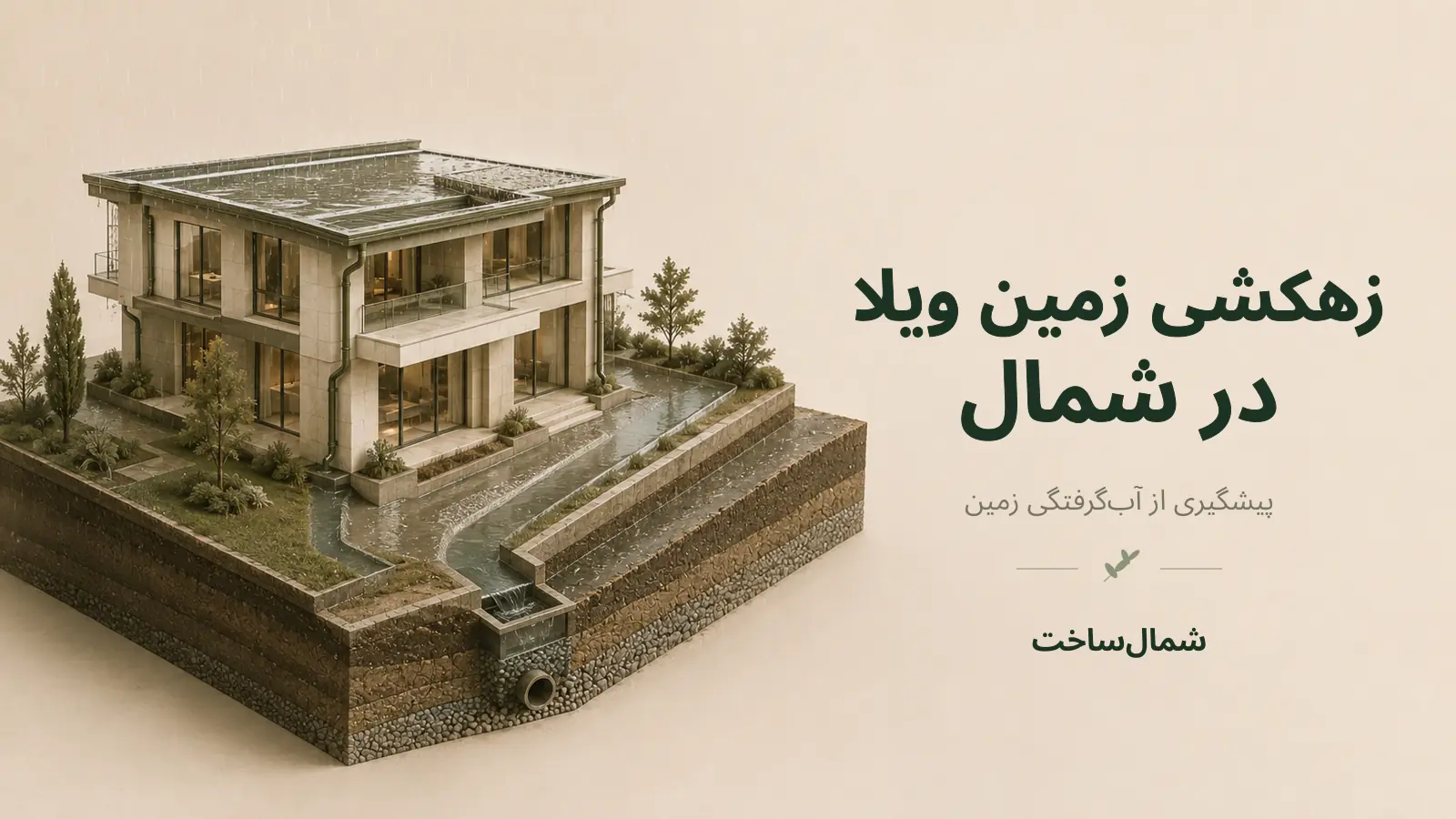 ماکت سهبعدی زهکشی زمین ویلا در شمال و هدایت آب باران از بام و محوطه