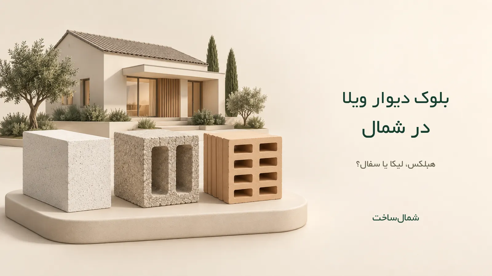 سه نمونهٔ بلوک هبلکس، سبک‌دانه و سفال کنار ماکت ویلا با تیتر فارسی