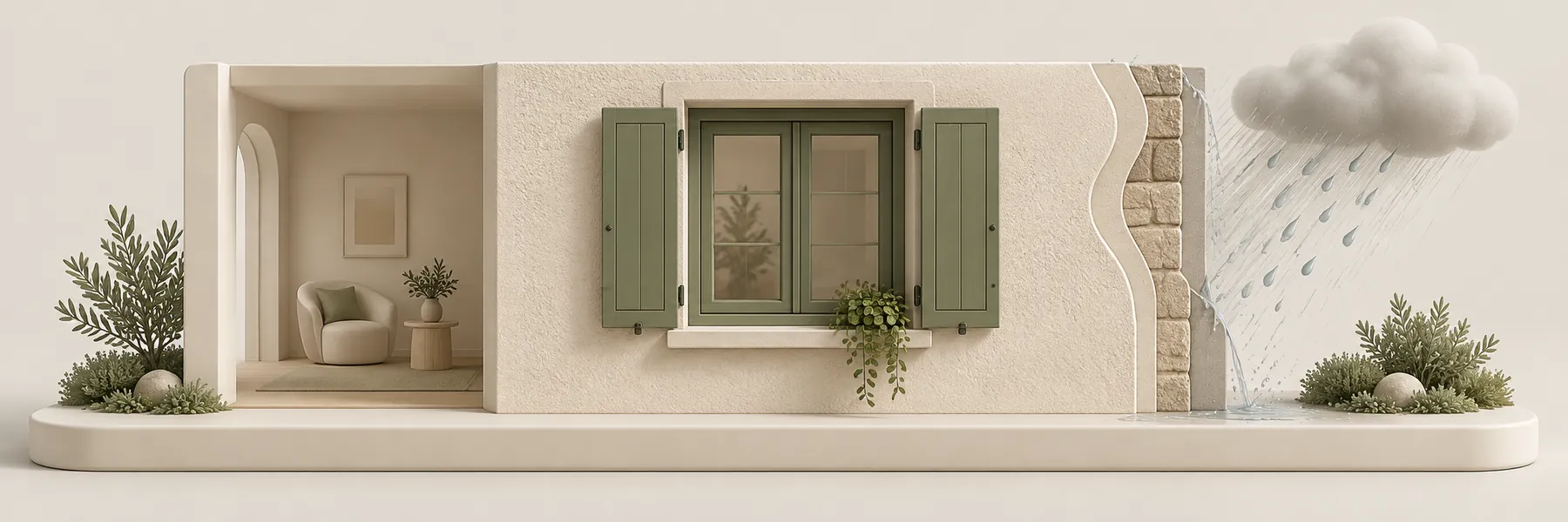 ماکت دیوار پوشش‌دار با پنجره و نمایش مفهومی باران