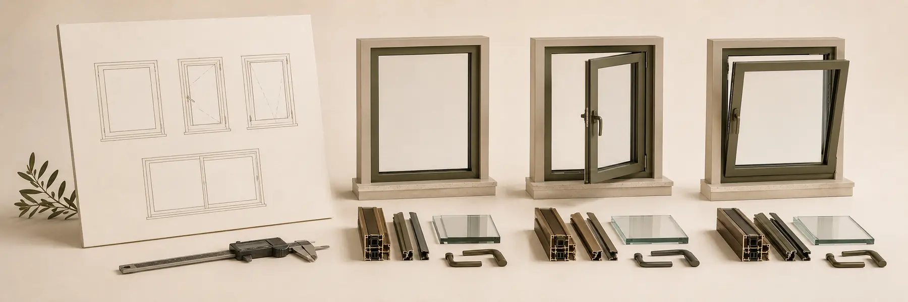 نقشه پنجره‌ها و سه نمونه قاب، شیشه و یراق برای مقایسه پیشنهاد فروشندگان