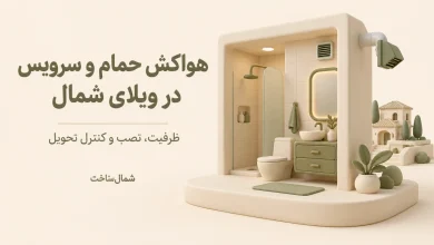 ماکت سرامیکی حمام با هواکش و خروجی بیرونی، همراه عنوان فارسی هواکش حمام و سرویس در ویلای شمال
