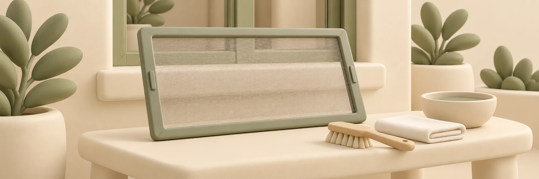 ماکت قاب توری قابل‌برداشت روی میز، همراه برس نرم، دستمال و ظرف آب
